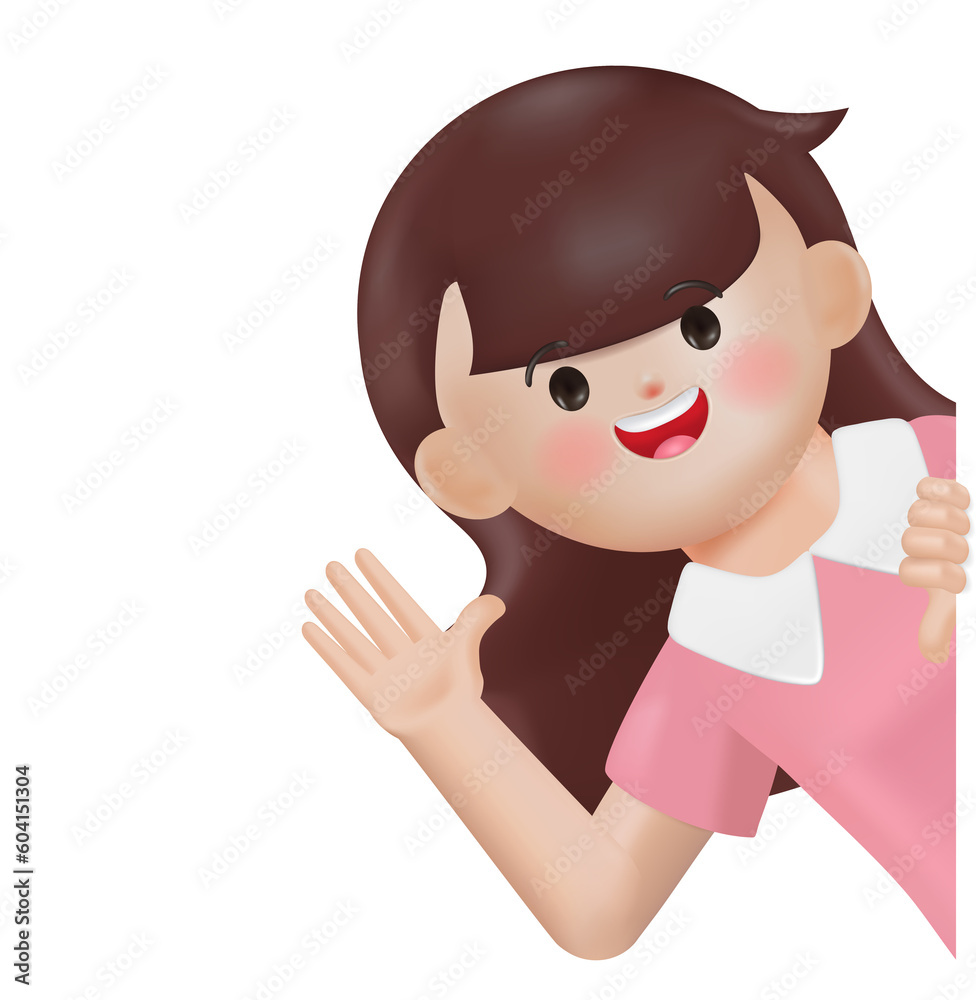 3d Young businesswoman peeking from behind wall and hands up to greeting. 3d render cartoon isolated design. 3d Young businesswoman peeking from behind wall and hands up to greeting. 3d render cartoon isolated design.