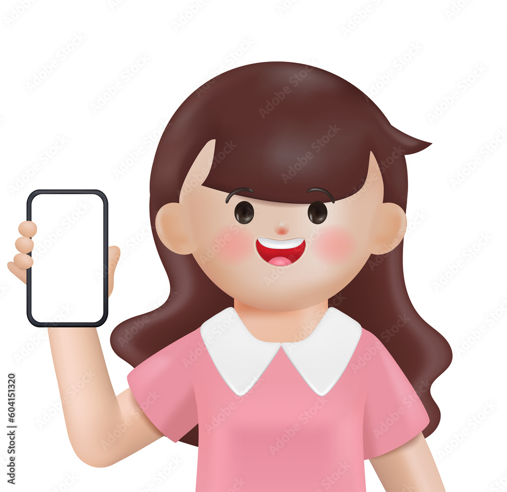 3d Young businesswoman showing smartphone. 3d render cartoon isolated design. 3d Young businesswoman showing smartphone. 3d render cartoon isolated design.