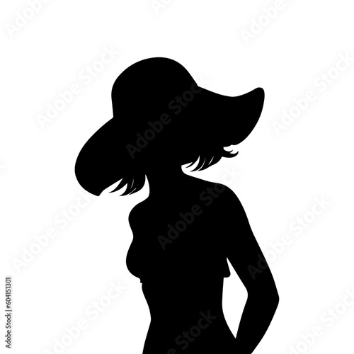 Vector illustration. Black silhouette of a slender girl in a straw hat.