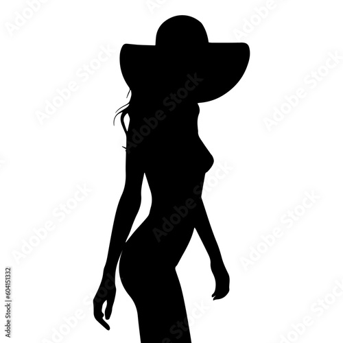 Vector illustration. Black silhouette of a slender girl in a straw hat.