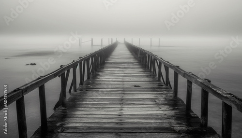Tranquil jetty, vanishing point, mysterious solitude, wet plank generated by AI