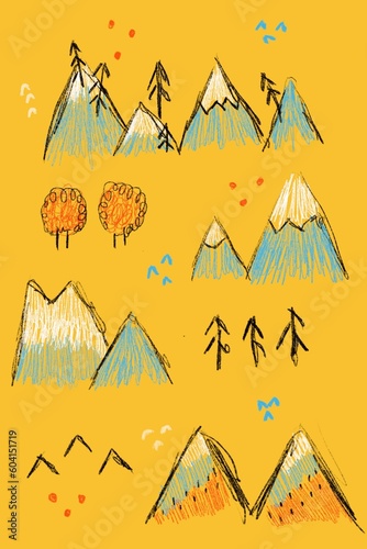 Mountains and trees print for café decorations. Raster illustration 2000x3000 jpeg