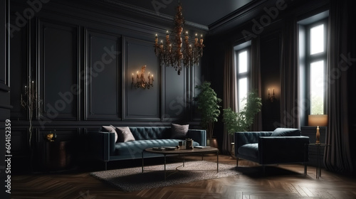 Dark home interior  classic style living room  3d render  Bright color. Generative Ai