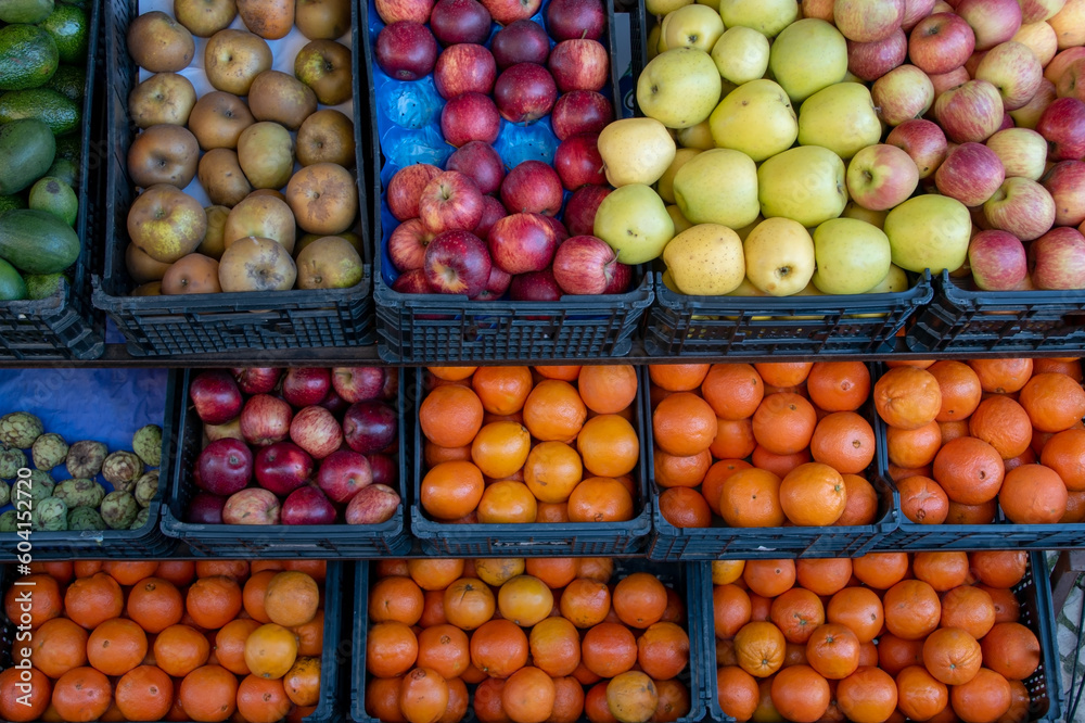 Organic fruit on display, stand with vegetables and fruits in front of the store, Lisbon, Portugal Organic fruit on display, stand with vegetables and fruits in front of the store, Lisbon, Portugal