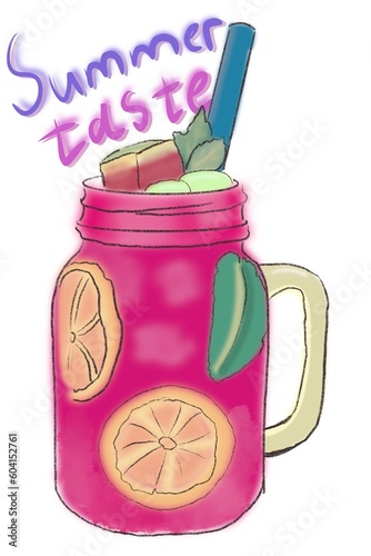 Jar of fresh juice and fruits on transparent background. Raster illustration 2000x3000 jpeg