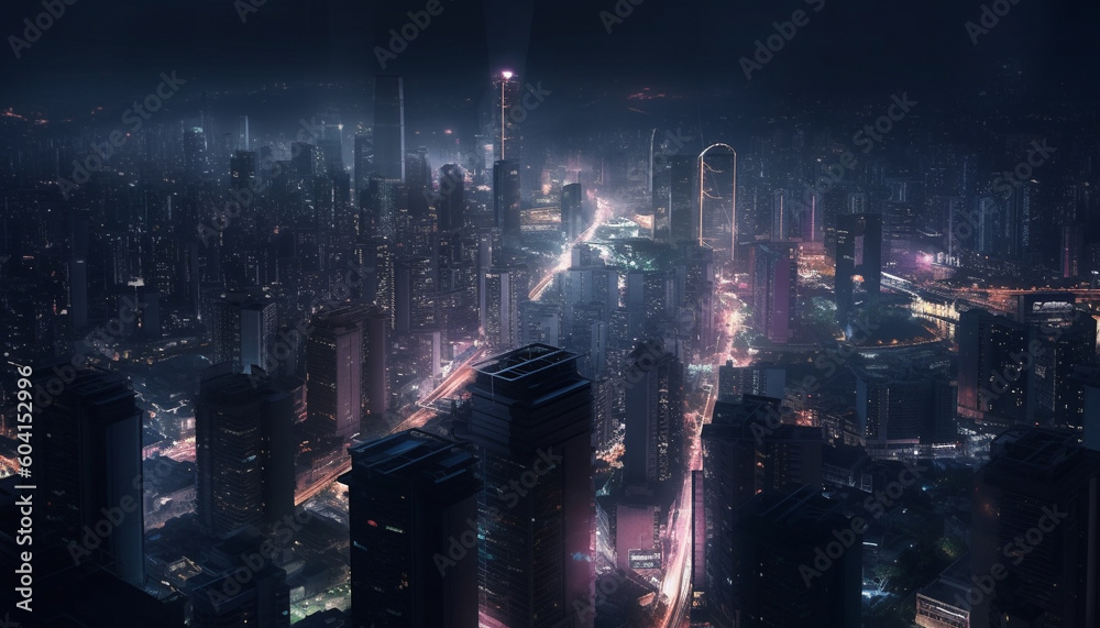 Glowing skyscrapers illuminate the futuristic city skyline at night generated by AI