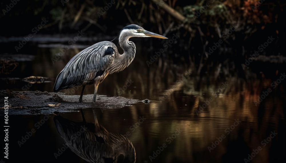 Gray heron standing on branch, fishing peacefully generated by AI