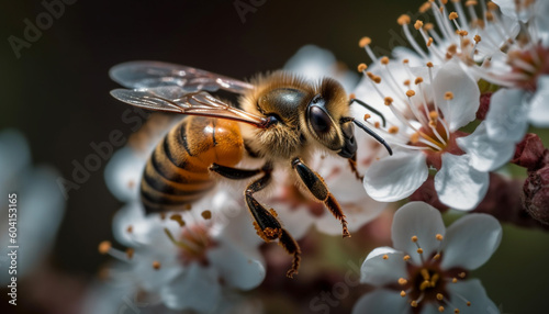 Busy honey bee pollinates single flower blossom generated by AI