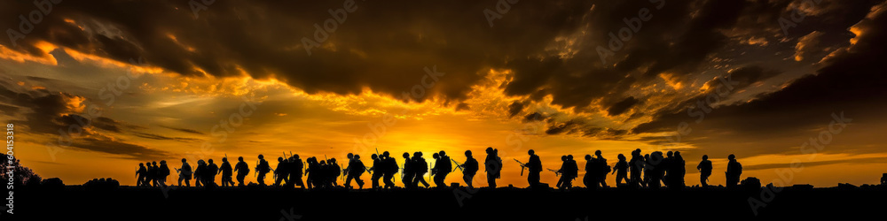Panoramic image of soldiers silhouetted, marching in arid landscape with warm hues from a dramatic sunset, evoking powerful emotions for military-themed marketing and storytelling. Generative AI