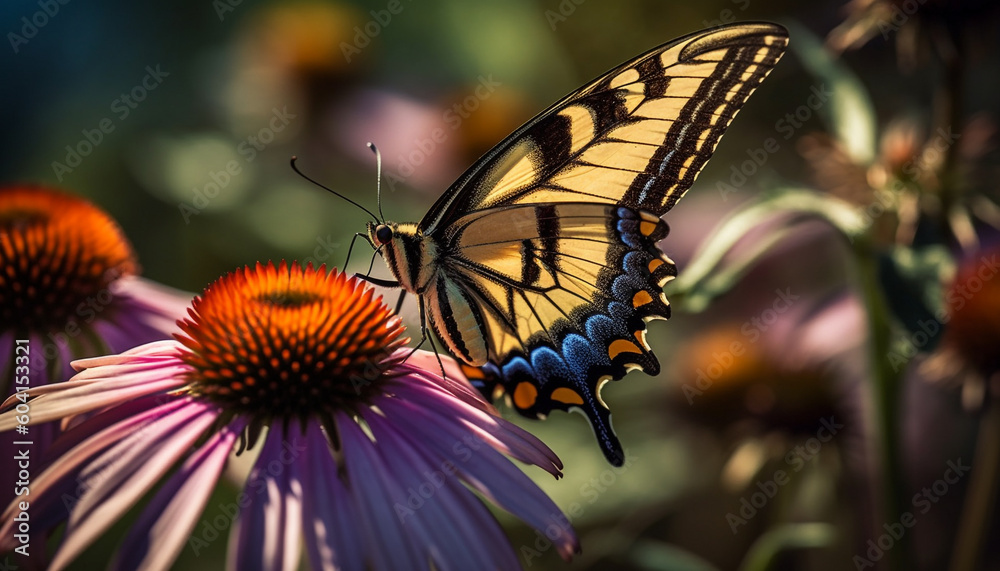 Fototapeta premium Vibrant butterfly pollinates single flower in summer generated by AI