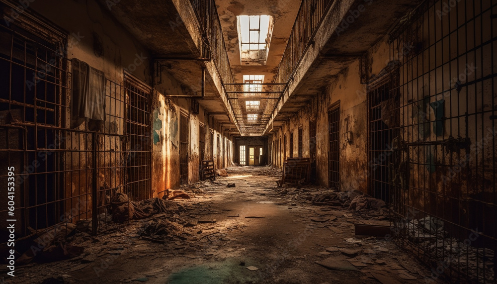 Abandoned spooky warehouse, rusty metal, broken windows, horror generated by AI