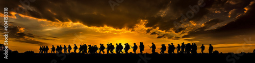 Panoramic image of soldiers silhouetted, marching in arid landscape with warm hues from a dramatic sunset, evoking powerful emotions for military-themed marketing and storytelling. Generative AI