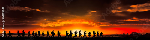 Panoramic image shows silhouetted soldiers in arid landscape with striking sunset, conveying resolve and camaraderie, perfect for military marketing or documentaries. Generative AI