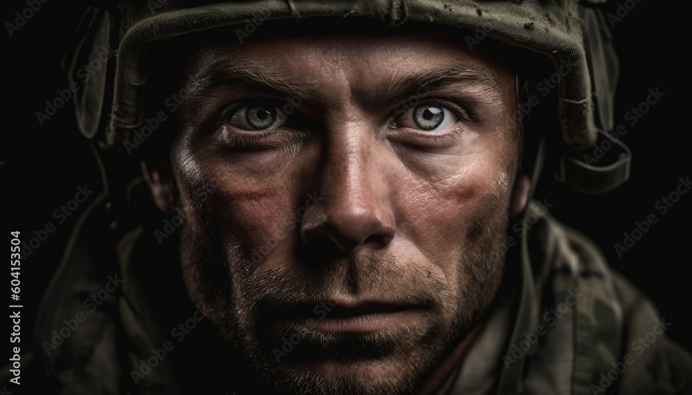 Confident army veteran in camouflage stares ahead generated by AI Confident army veteran in camouflage stares ahead generated by AI
