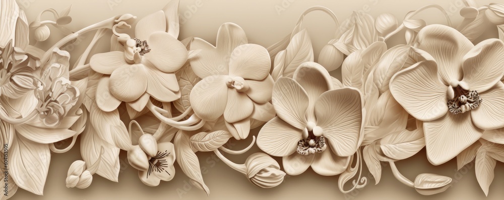 an Abstract Horizontal background, ornate florals, carved and engraved ivory. Liquid flow texture. Fluid art Abtract-themed, photorealistic illustrations in JPG. Generative AI
