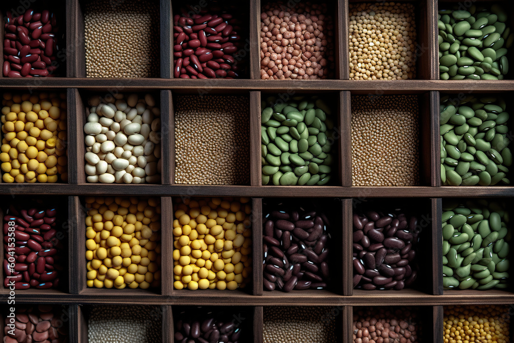 A wooden box filled with assorted beans and beans. Generative AI. A wooden box filled with assorted beans and beans. Generative AI.