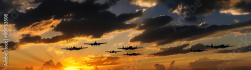 Captivating panorama of silhouetted military aircrafts rising at dusk amid a warm golden sunset; an awe-inspiring sight perfect for aviation-related projects. Generative AI