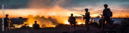 Captivating image of soldiers' silhouettes around a campfire against twilight sky, showing camaraderie and vulnerability. Emotionally powerful for military-themed marketing. Generative AI