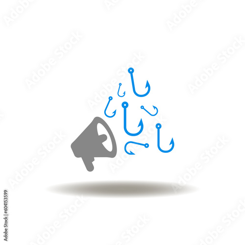 Vector illustration of loudspeaker and flow hooks. Icon of attention advertising of phishing, vishing, hacker threat, attack.