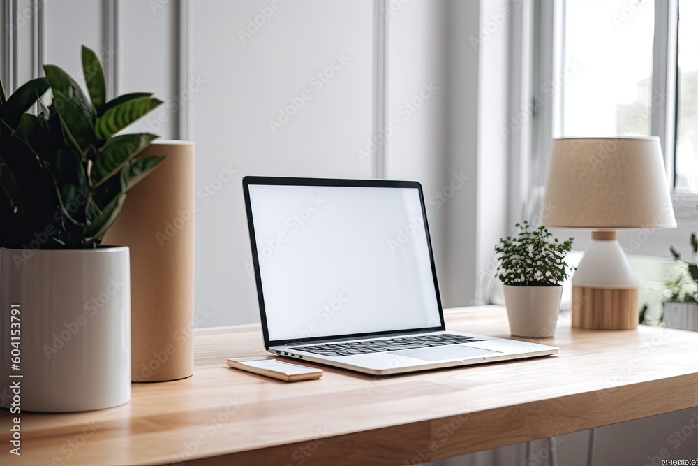 Mockup of a laptop with a plain screen sitting on a white wooden table in a home office. Copy space. Generative AI Mockup of a laptop with a plain screen sitting on a white wooden table in a home office. Copy space. Generative AI