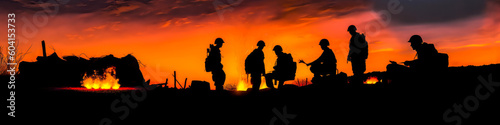 Captivating image of soldiers' silhouettes around a warm campfire, contrasting with twilight sky, evoking camaraderie and emotion for military-themed marketing. Generative AI