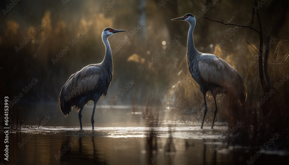 Fototapeta premium Stork standing in tranquil pond at sunset generated by AI