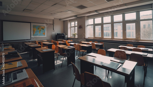 Students sitting in a modern classroom learning generated by AI