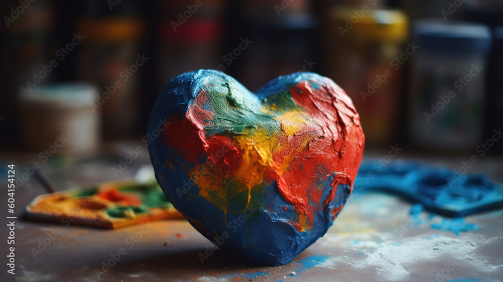 Heart Shape Painted Earth In Artist Studio, Bright color. Generative Ai