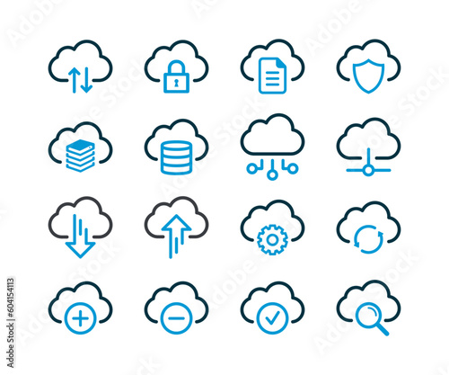 Computer cloud icons set vector. Cloud service and technology line icons. Cloud network and data vector linear icon set.