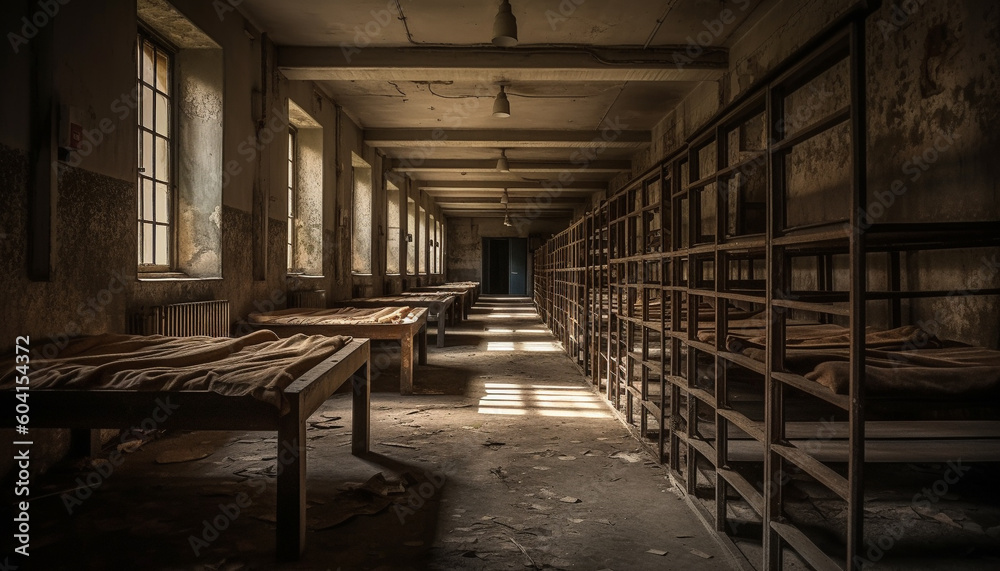 Spooky old bedroom with broken furniture and rusty flooring generated by AI