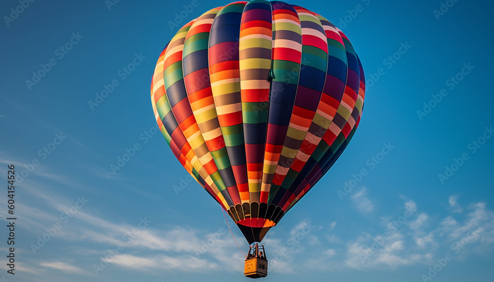 Fototapeta premium Vibrant hot air balloon gliding mid air leisurely generated by AI