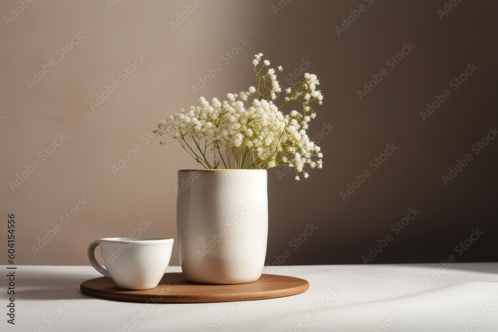 Mockup of a white cup on a table with a beige vase and a gypsophila branch. Generative AI Mockup of a white cup on a table with a beige vase and a gypsophila branch. Generative AI