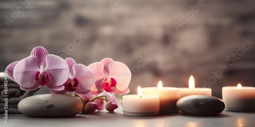 Spa still life background. Candles and orchid flower on the water background. AI Generative