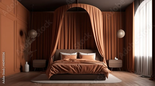 Double bed with canopy in brown colors, panoramic view, 3d render. Generative Ai