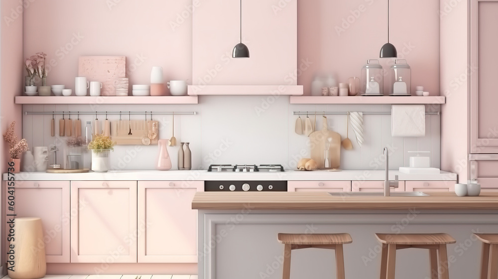 Pastel colored interior kitchen mockup. Generative Ai