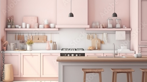 Pastel colored interior kitchen mockup. Generative Ai