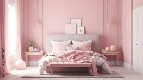 Mock up poster frame in pink bedroom interior. Generative Ai