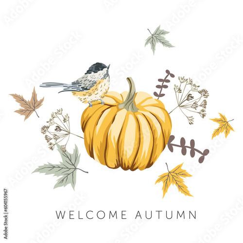 Welcome Autumn design template print. Yellow pumpkin, maple leaves, small chickadee bird, white background. Vector illustration. October harvest background. Fall season