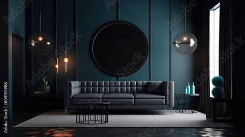 Modern dark interior with black picture frame, 3d render, Bright color. Generative Ai