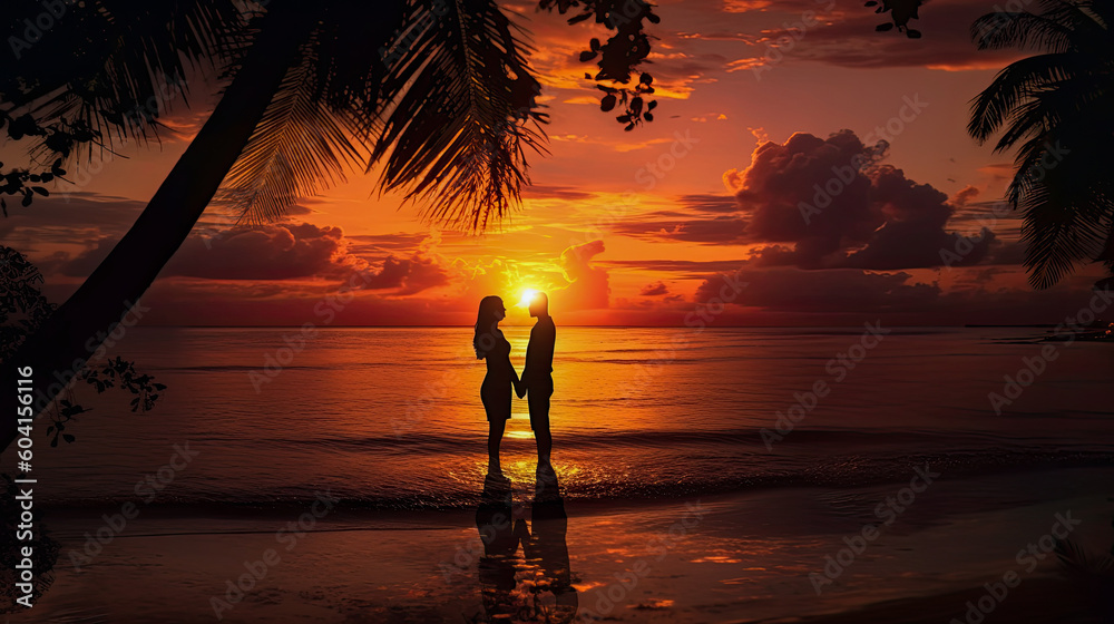 Silhouettes of lovers on the beach at sunset, generative ai 