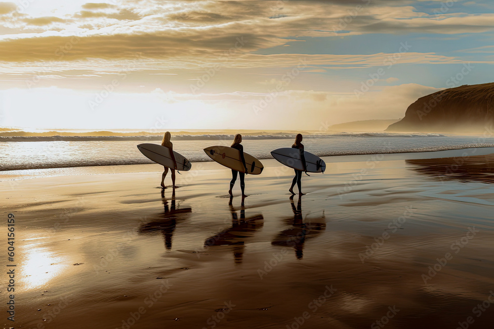 Surfers walking on the beach with a board, generative ai