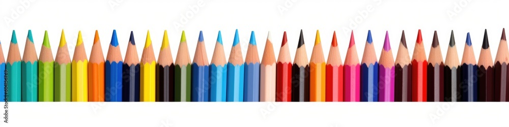 Wave of colorful wooden pencils isolated on white background, panoramic background, back to school concept. Generative AI Wave of colorful wooden pencils isolated on white background, panoramic background, back to school concept. Generative AI