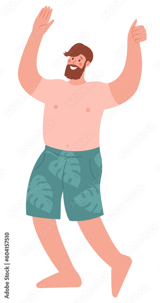 A man in shorts with palm trees and a tan over his T-shirt put his hands up. Cute flat modern illustration. Summer character sticker. Png file on transparent background. A man in shorts with palm trees and a tan over his T-shirt put his hands up. Cute flat modern illustration. Summer character sticker. Png file on transparent background.