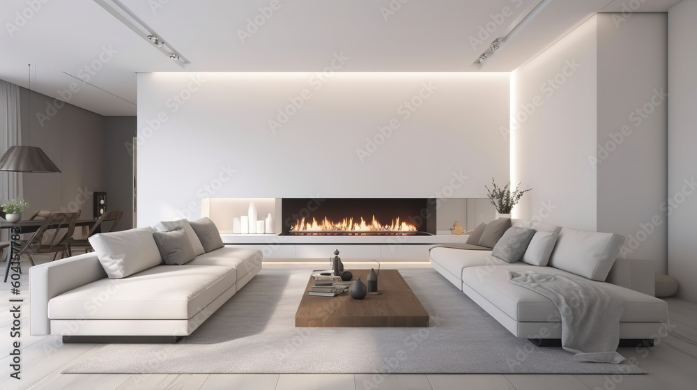Fototapeta premium Interior of modern design white room with fireplace 3d rendering. Generative Ai
