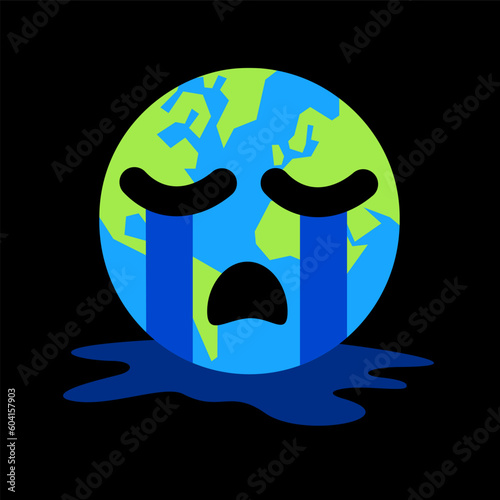 Climate and ecological grief - Planet Earth is crying and weeping. Facial expression of feeling and emotion of mourning, anxiety, worry and councern about ecology and environment. Vector illustration.