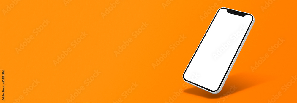 Banner iphone pantalla png sobre fondo liso naranja  - obrazy, fototapety, plakaty 