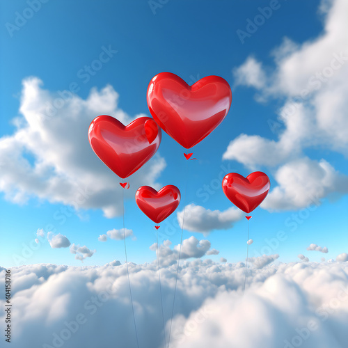 Generative AI, illustrations, Beautiful red air balloon heart shape against blue sky in a sunny bright morning.