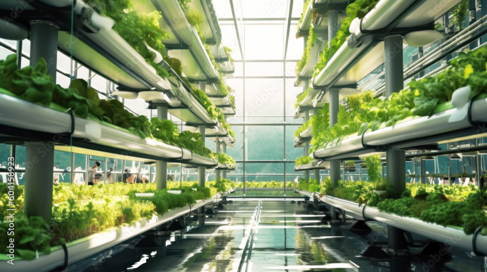 Hydroponics and Vertical farming concept. Advanced technologies, automated systems. Maximize productivity, optimal growing conditions. Copy space. Banner. Generative AI