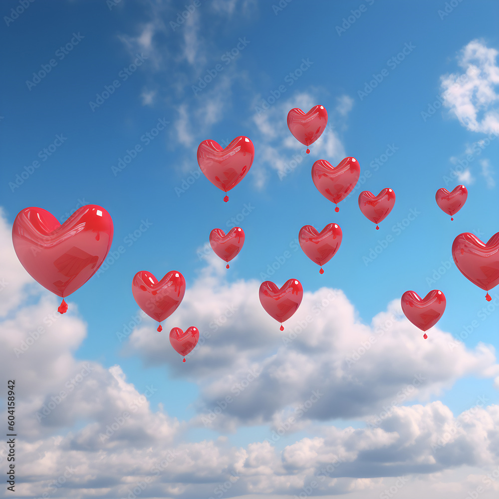 Generative AI, illustrations, Beautiful red air balloon heart shape against blue sky in a sunny bright morning.