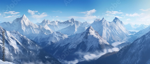 Majestic Landscapes: a photo of a breathtaking mountain range with a clear blue sky and snow-capped peaks.
